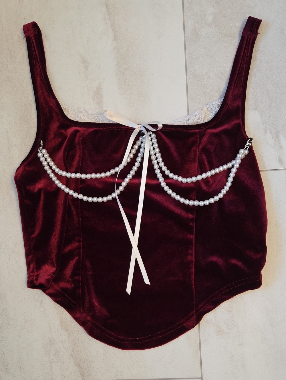 Velvet Pearl-Trim Burgundy Cami Top-NWOT